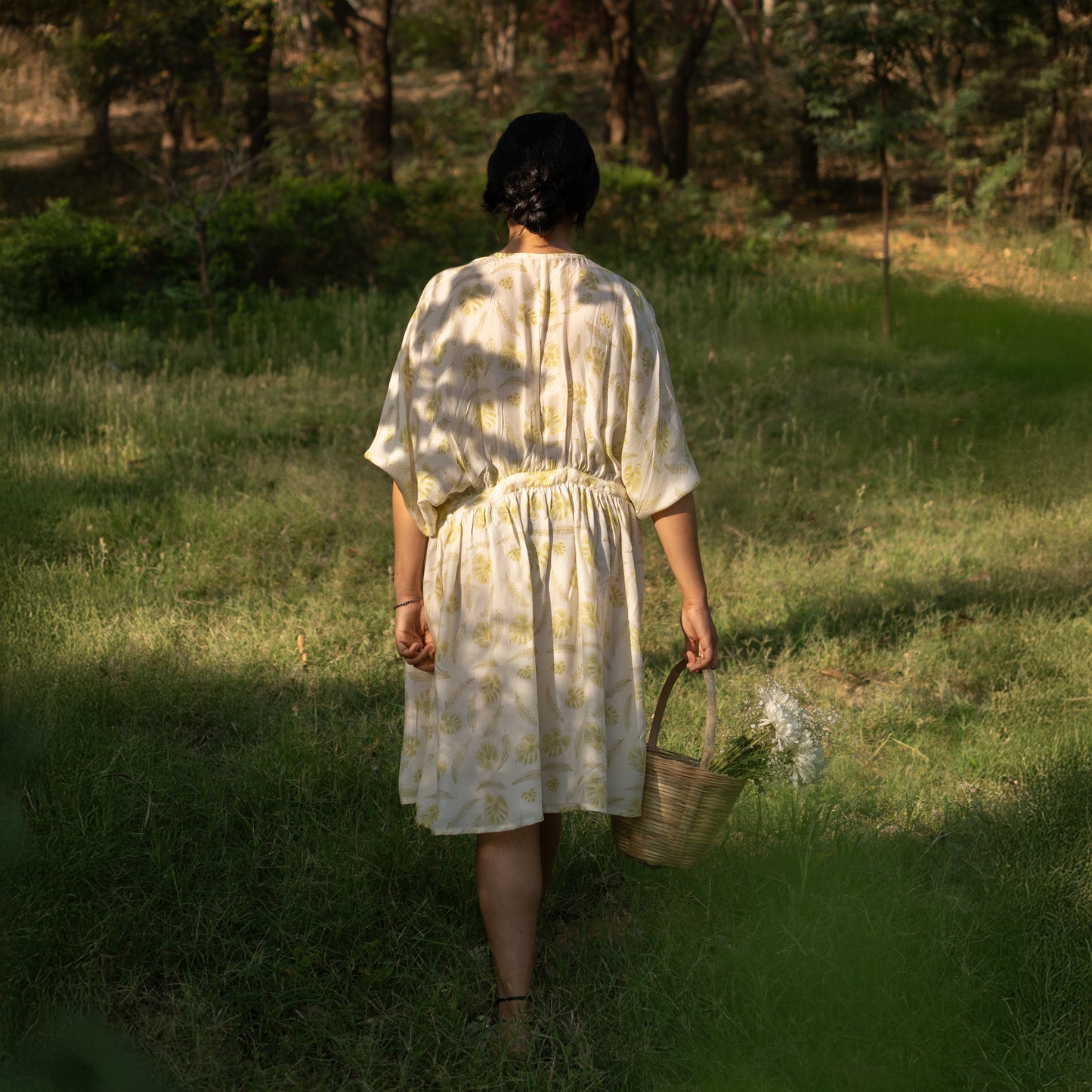 Wood Printed Feather Soft Drawstring Dress