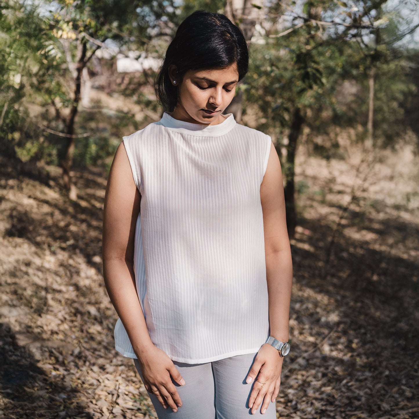 High Neck Banana Fibre Stripe Sleeveless Top