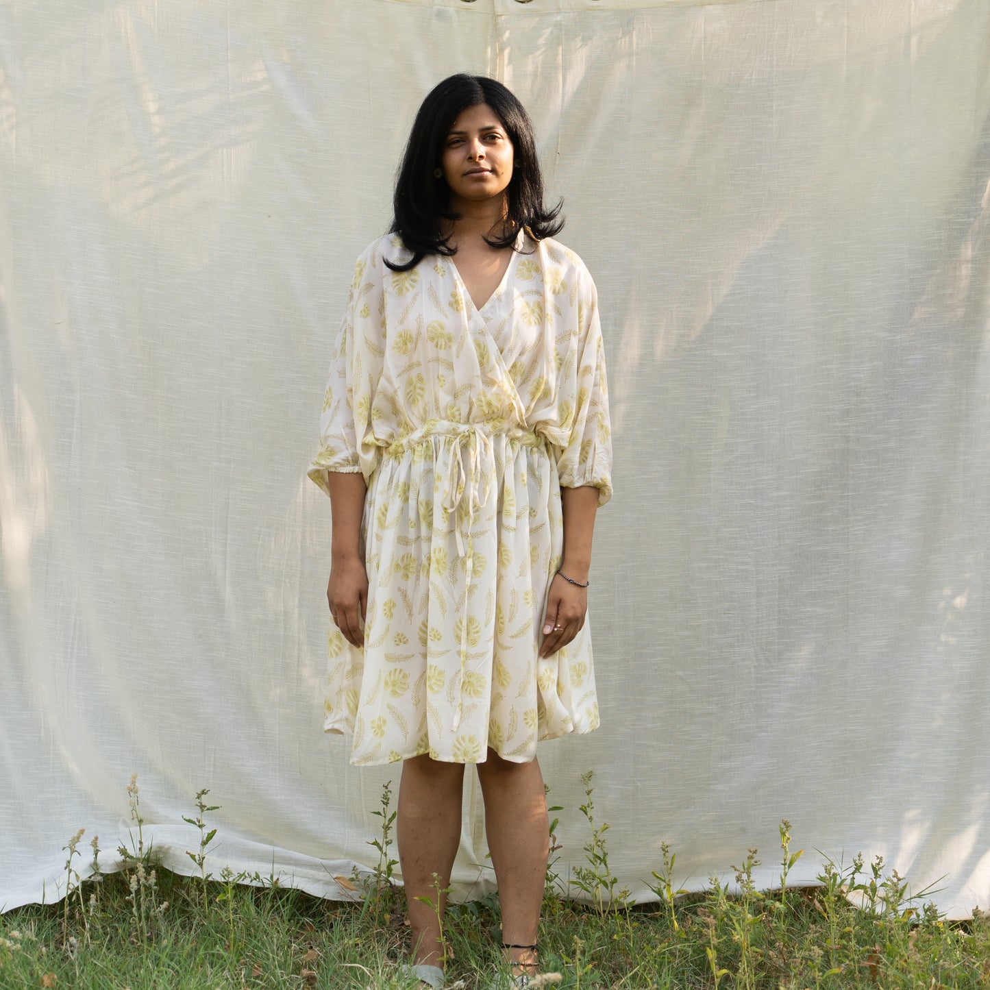 Wood Printed Feather Soft Drawstring Dress