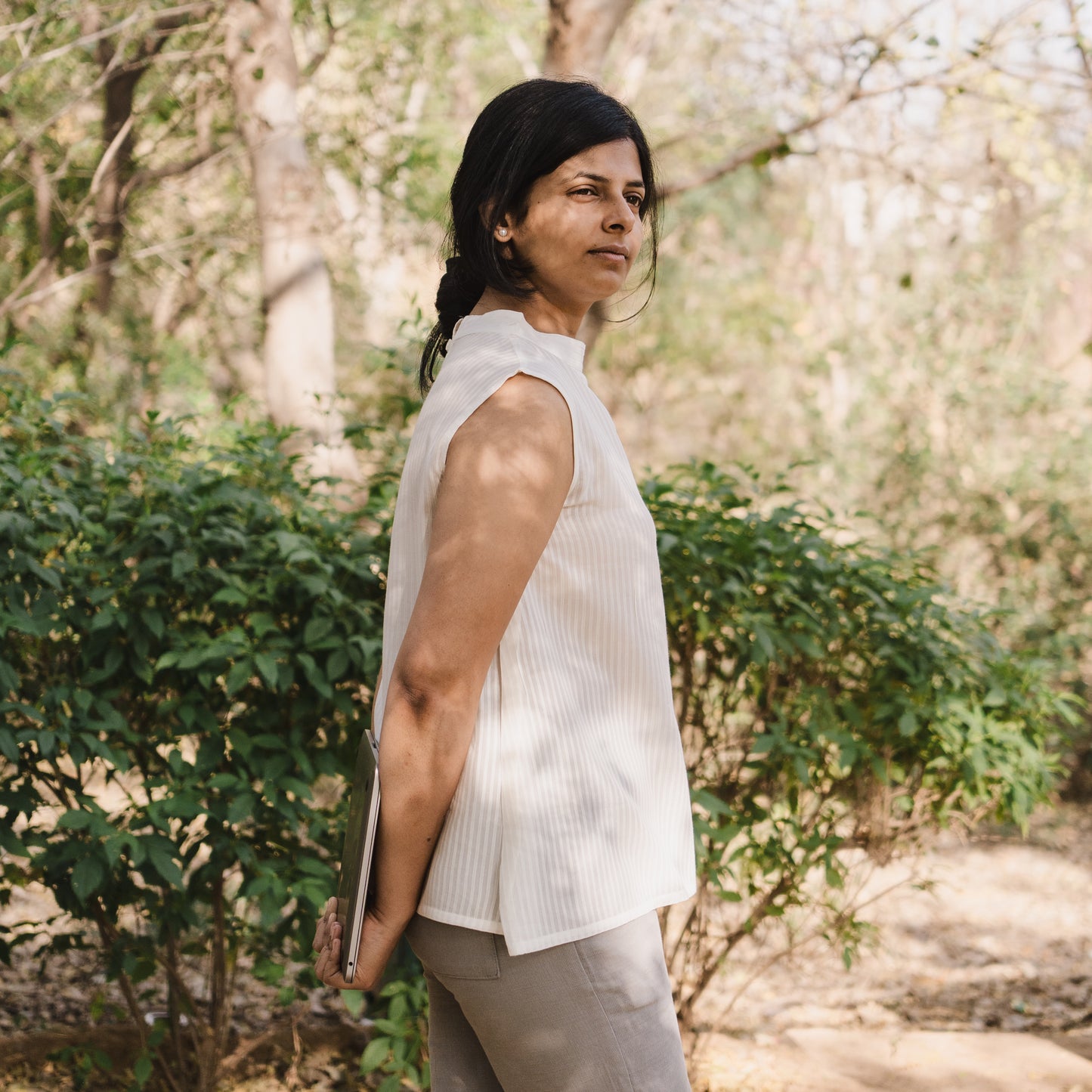 High Neck Banana Fibre Stripe Sleeveless Top