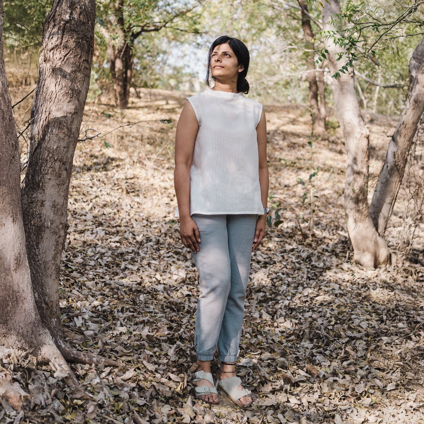 High Neck Banana Fibre Stripe Sleeveless Top